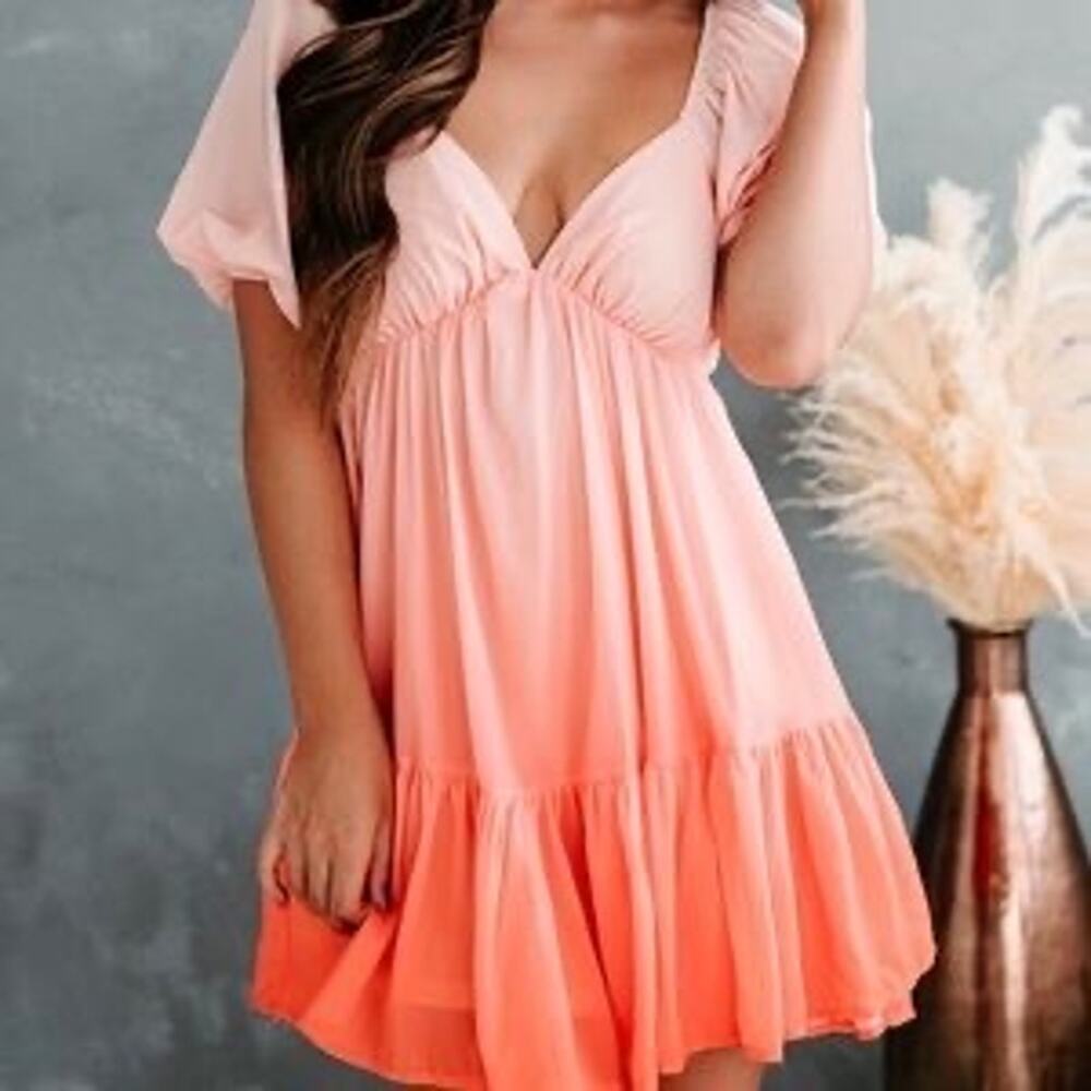 Love Colette Orange Coral Ombre Short Sleeve Tiered Mini Dress Ruffle Size M